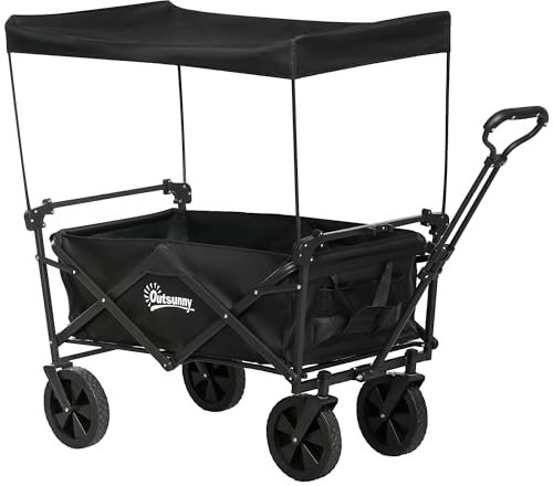 Outsunny Carrello da Giardino 110L con Maniglia Telescopica e Tettuccio, Carrello da Giardinaggio in Acciaio e Tessuto Oxford, Nero