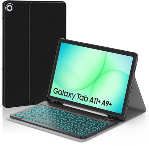 JUQITECH Backlit Keyboard Case for Samsung Galaxy Tab A11 Plus A9 Plus 11 Inch A11+ 2025 A9+ 2023 Soft Case with Keyboard Detachable Bluetooth Wireless Magnetic Keyboard Tablet Stand Cover UK Layout