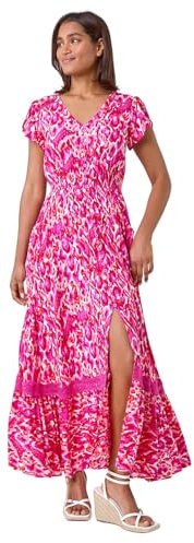 Roman Originals Shirred Empire Waist Dress for Women UK Ladies Midi Maxi Summer Spring Tiered Frill Hem Short Sleeve V Neck Button Through Boho Bohemian Holiday Cruise - Pink White Yellow - Size 18