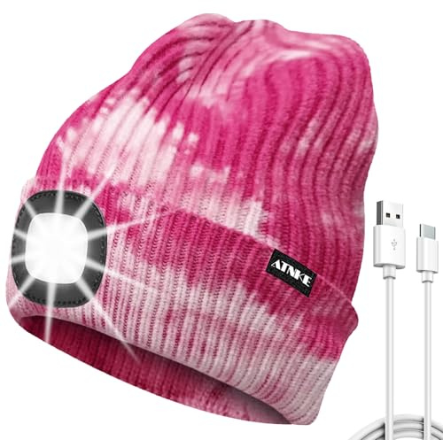 ATNKE LED-upplyst mössa hatt, USB typ C uppladdningsbar 4 LED löpning pannlampa ultralätt keps med lätta händer fria pannlampa vinter varm stickad gåvor för män och kvinnor, Slips färg rosa, one