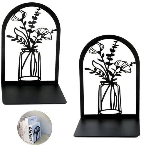 QUNXON 2 Stück Schwarz Buchstütze, Buchstützen Metall, 17.1X11.7X8.9 cm Bücherstütze mit Rutschfesten, Buchstütze Kinder für Desktop-Aufbewahrung in der Schule, Zuhause, Büro (Muster: Vase)