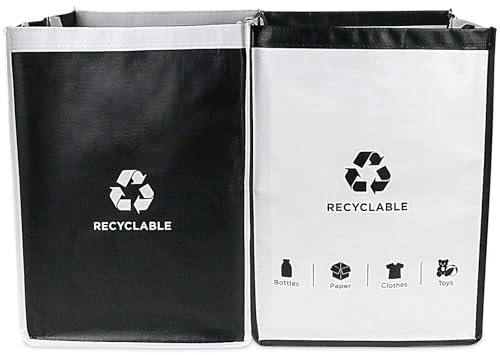 BOMEI PACK Recycling Bags White and Black with handle 2 Packs Reusable Storage Bag Separate Sorting Organizer Woven waste Bins bag 28 Gallon for Kitchen Home Office Easy clean