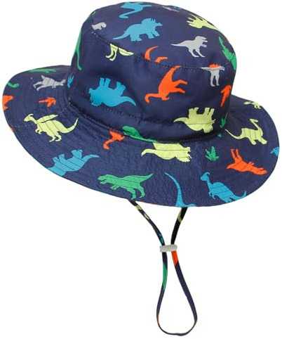 JUPSK Baby solhatt småbarn sommar hinkhatt brett brätte strandkeps med justerbar hakrem UPF50 dinosaurie enhörning hatt för barn pojkar flickor 1-5 år, Marinblå dinosaurie, 12-24 Månader