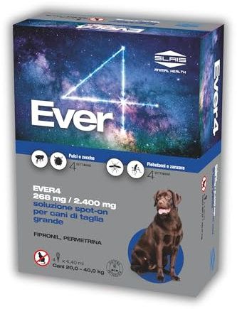 Ever 4 Pipette Antiparassitario Cani L (20-40 KG) - Spot-On per Pulci, Zecche, Flebotomi, Zanzare - Protezione Completa - Fialetta Antipulci Cane