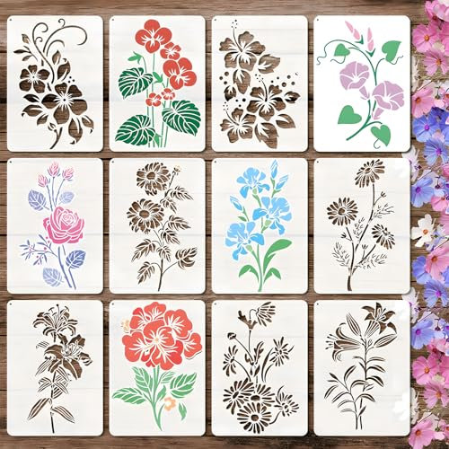 12 große Blumen Schablonen Set (21 x 29.7 cm), wiederverwendbare Frühlings-Schablonen zur Wandgestaltung und Malerei für DIY, Möbel, Boden, Scrapbooking & Textilgestaltung