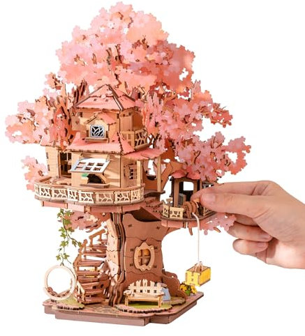 Rolife 3D Puzzle Sakura Baumhaus, Modellbausatz für Erwachsene aus Holz, 535-Teile schnappfester Holzmodell Puzzle mit glitzernden Kirschblüten, Handwerker & Homedekor