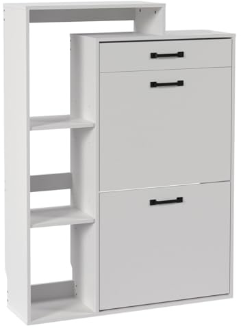 EORMM Armario Zapatero Blanco Estrecho 80×24,5×109 cm - Mueble Zapatero para recibidor o Pasillo, 3 estantes Regulables + cajón 52×24,5×10 cm, Profundidad 24,5 cm, antivuelco, Montaje fácil