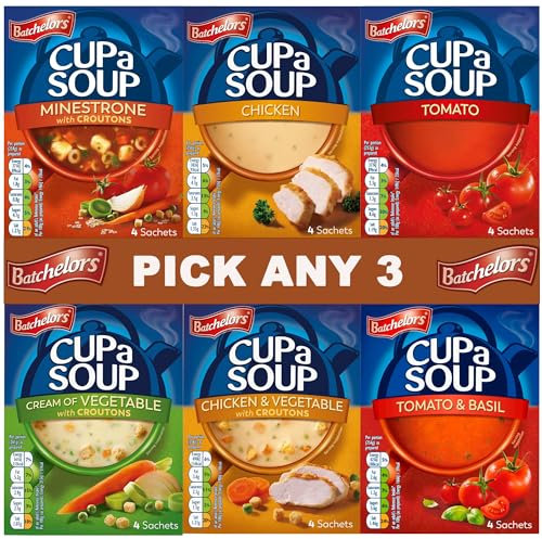 Batchelors Cup a Soup Pick Any 3 Flavours – 4 Sachets Each – Instant Soup Selection Including Chicken, Tomato, Minestrone, Vegetable, and More | 3 x 4 Sachets, 12 in Total