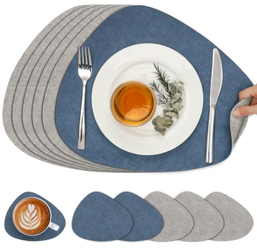 Chitomars Placemats and Coasters Set of 6 Dual Sided Faux Leather Table Mat | Heat Resistant Washable Place Mats Non Slip Waterproof Leather Placemat for Dining Indoor Outdoor (Light Grey Navy Blue)