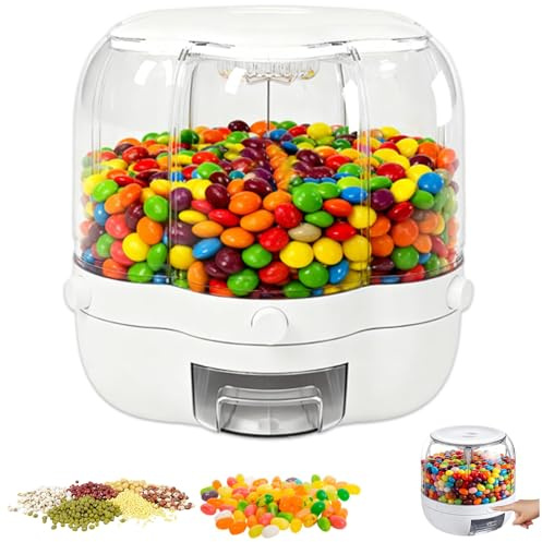 360° Rotating Candy Dispenser Countertop, 6 Large-Capacity Compartments & One-Button Dispensing, Multifunctional Grain Storage Container, for Candies, Rice, Grains, Cereals (White, Small)