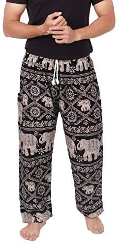 Banjamath Mens Yoga Harem Lounge Boho Parachute Loose Baggy Pants (Waist 32-36, Elephant Black Drawstring Waist)