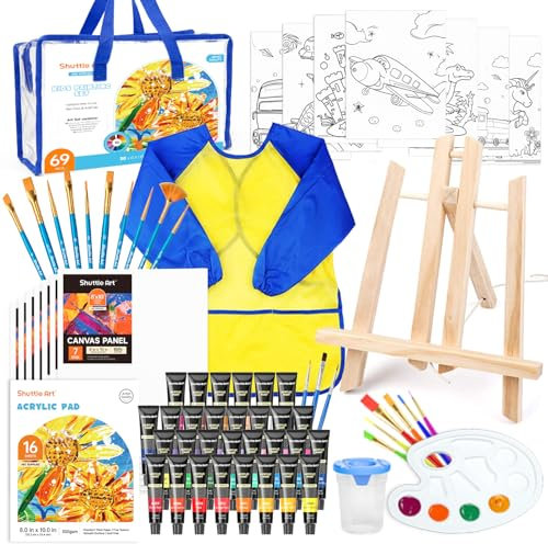 Shuttle Art Chevalet Peinture Enfant, 69PCS Kit Peinture Acrylique Inclus 30 Couleurs Peinture Acrylique, Chevalet, Toile, Pinceau, Palette, Kits de Peinture pour Enfants