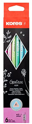 Kores - Grafitos Style : Crayons Graphite HB pour Enfants et Adultes, Crayons en Bois Recouverts de Couleurs Métalliques Tendance avec Gommes Sans Latex, pour Écrire, Dessiner et Croquis, Pack de 6