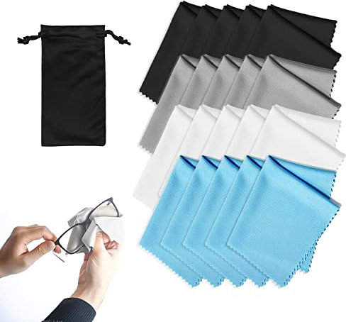 20 paños de limpieza de microfibra con bolsa de almacenamiento, paño de lente sin pelusa para lentes, gafas, pantallas, tabletas, 15 x 18 cm