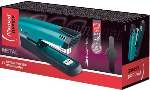 Maped Office - Agrafeuse Essentials Métal - Compatible Agrafes 24/6 & 26/6 - Chargement Facile - Ouverture 180° - pour Relier jusqu’à 25 Feuilles - Garantie 5 Ans - Bleu