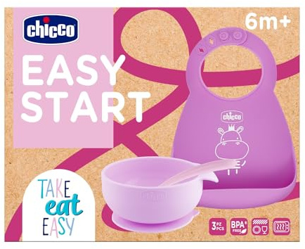 Chicco Set Pappa Silicone Easy Start, Set Pappa Bambino Antiscivolo, Senza BPA, Set Svezzamento 3 Pezzi Composto Da Bavaglino Rigido Easy Roll, Ciotola Easy Con Ventosa e Cucchiaino, 6M+, Rosa