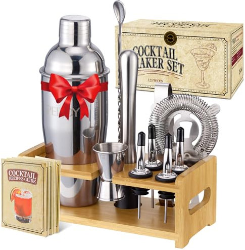 Perjoy 12pcs Cocktail Shaker mit Ständer, Rostfreie Stähle Cocktail Set Mit Doppelten Jigger, Einer Eiszange, Cocktailshaker, Cocktail Mixen, Muddler, Sieb, Cocktail Bar Zubehör (12 Stück mit Ständer)