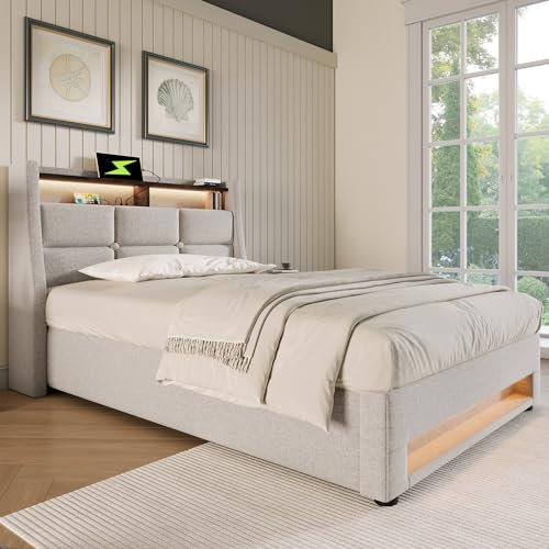 ZYLOYAL10 Klädd sängstomme med USB-uttag och LED-ljus, dubbelsäng med ribbotten av metallram, klädsel av linnematerial, ungdomssäng (beige, 90 x 200 cm)