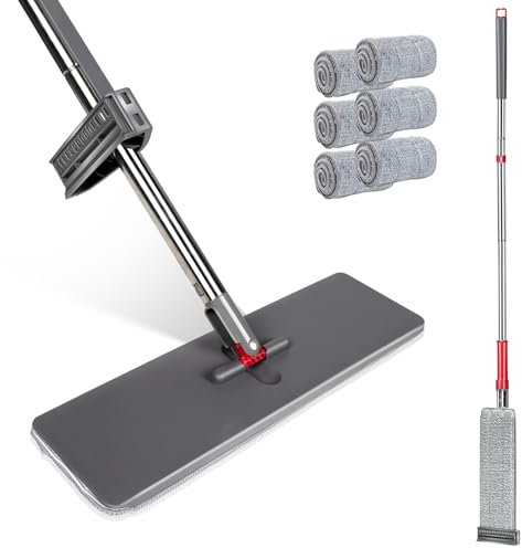 Masthome Mocio Lavapavimenti,Mocio Piatto Lavapavimenti con Strizzatore Integrato,Mop Professionale per Lava Parquet, con 6 Tamponi Lavabile in Microfibra,per Tutti i Tipi di Pavimenti