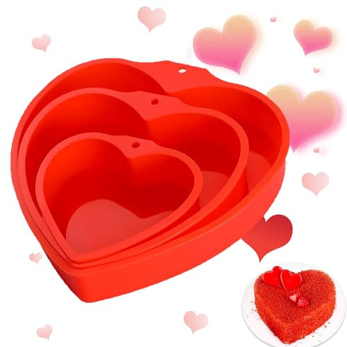 Heart Shaped Cake Pans 3 Pcs, Silicone Molds Baking Pans 4 6 8 Inch, Mold Non-Stick Heart Cake Pans, Valentine's Day Homemade Brownie Cheese Mousse Chocolate Mould Dessert Baking Tools (1, Red)