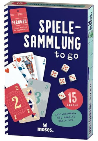 moses. Spielesammlung to go, 15 Spieleklassiker für unterwegs, Zeitlose Kartenspiele und Würfelspiele im Set, Klassische Gesellschaftsspiele ab 8 Jahren, Blue