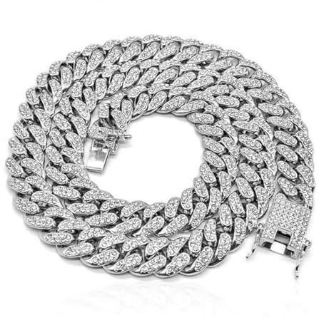 Cadena de Eslabones Cubanos, Collar de Acero Inoxidable para Hombre, Cadena Cubana de Diamantes, Regalo de Cumpleaños para Padre, Plata, 50cm