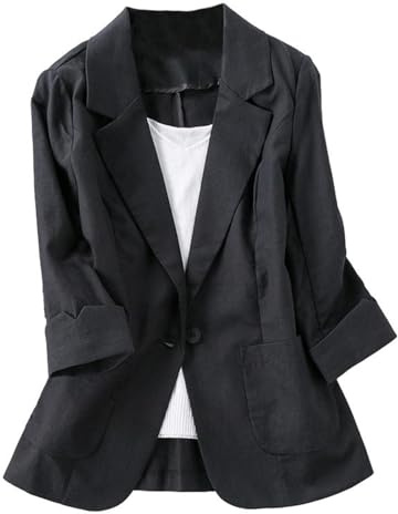 GIBZ Leinenblazer für Damen Lässiger und Eleganter Jackenanzug 3/4 Arm Vorne Offen Blazer für Business Büro, Schwarz, XL