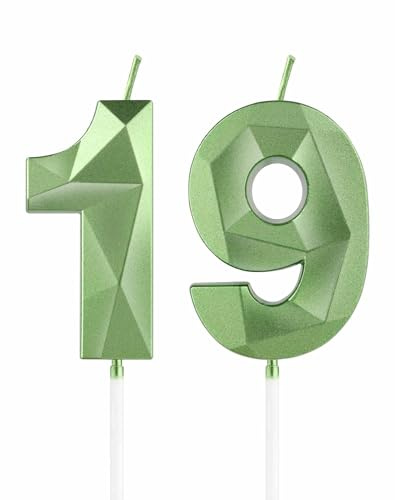 mciskin Green 19th Birthday Candles, 3D Number 19 Candles for Cake, Girls Boys 19th Birthday Decorations,Sage Green Candle Cake Topper Decorations for Birthday Party Weddings Anniversary Supplies