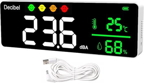 GOYERRNES Medidor Digital de Decibelios Medidor Inteligente de Ruido para Electrodomésticos Detector de Ruido con Pantalla LED Ruido Temperatura Humedad Rango 30-130dB Medidor de Decibelios de Ruido