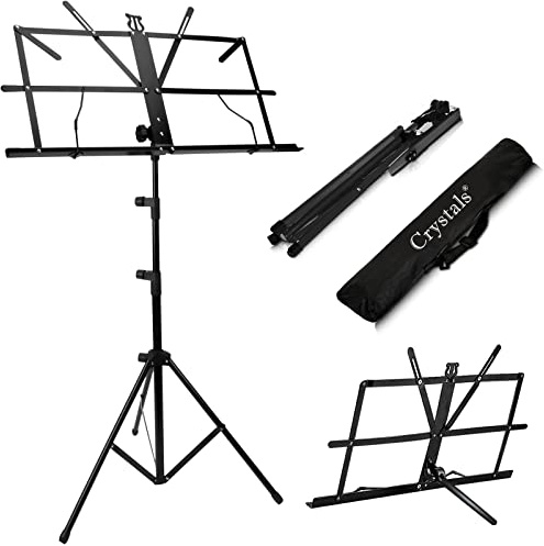 Crystals Music Stand - Music Stands for Sheet with Carrying Bag, Metal Sheet Music Stand Portable, Adjustable Podium Stand with Tripod Base and Sheet Music Folder, Black