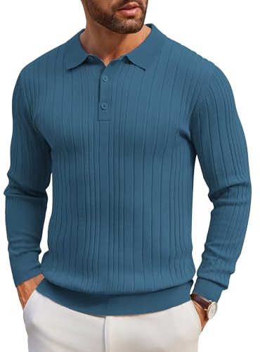 COOFANDY Suéter Tipo Polo de Punto para Hombre Manga Larga Polo Informal Color Liso