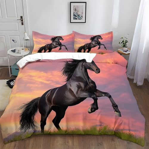 Animal Cheval Frison Noir Parure De Lit 1 Personne 140x200 cm Rouge Housse De Couette Sets de Housses De Couettes Adulte Ado Enfants, avec 2 Taies d'oreiller 65x65 cm