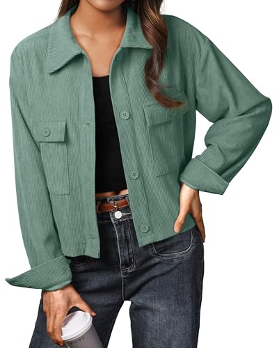IWOLLENCE Jacket Women Ladies Casual Jackets Women’s Corduroy Shirt Jacket UK Lapel Button-Down Long Sleeves with Pockets (Green, S)
