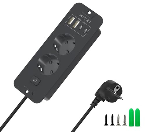 Osynligt integrerat inbyggt uttag med 2 fack, 2 USB-C + 2 USB-A, 16 A, 2 m kabel, energibesparande brytare – bordsskiva infällbart grenuttag för städade arbetsplatser (svart)