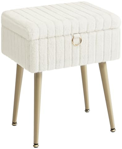 SONGMICS Vanity Stool Chair Faux Fur with Storage, Vanity Bench, Metal Legs, Adjustable Feet, for Living Room, Bedroom, Makeup Room, Cream White ULOM505WZ02