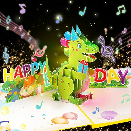 Joycabin Carte d'anniversaire musicale avec lumière, Dinosaure 3D Pop-Up Joyeux anniversaire Carte chantante Anniversaire avec enveloppe pour garçons, filles