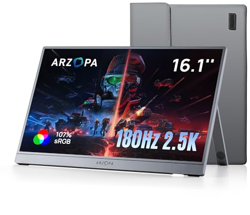 ARZOPA 16.1'' 180Hz 2.5K Portable Monitor, 2560x1440 QHD 107% sRGB Kickstand Portable Gaming Monitor with HDR, Ultra Slim, Eye Care, External Second Screen for Laptop, PC, PS5, Mac, Xbox-Z3FC