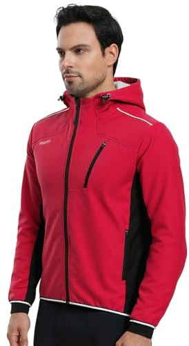 ARSUXEO Giacca da ciclismo invernale da uomo con cappuccio a vento da mountain bike 3 tasche con cerniera per golf, escursionismo, corsa e attività all'aperto 24F Rosso L