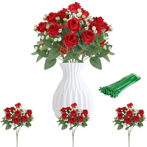 ZenyTra Rote Seidenrosen 30 Stück 3er Bund | 33 cm Leidenschaftliche Rosen Für Romantische Dekoration | Mit 10 Grünen Kabelbindern - Ideal Für Hochzeiten, Events & Wohnaccessoires