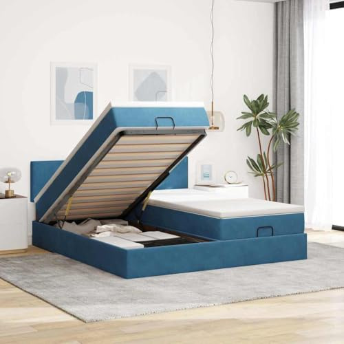 Hoopleep Ottoman förvaringsbädd, mörkblått sammet, 160 x 200 cm Queen Size, med Pocket Spring Matresses, LED-lampor, hydraulisk lyft och bekväm bäddmadrass för sovrum