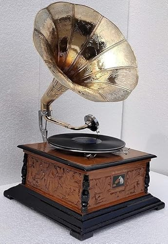 Gramophone Player - Reproductor de gramófono original con 1 registro de demostración y 5 agujas talladas en color amarillo