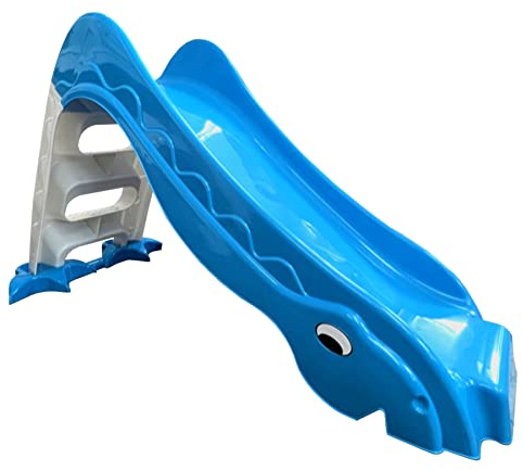 Toboggan pour enfant intérieur et extérieur - Toboggan pour enfants à partir de 2 ans - Toboggan autoportant avec échelle - Toboggan en plastique bleu/gris - Longueur du toboggan : environ 110 cm