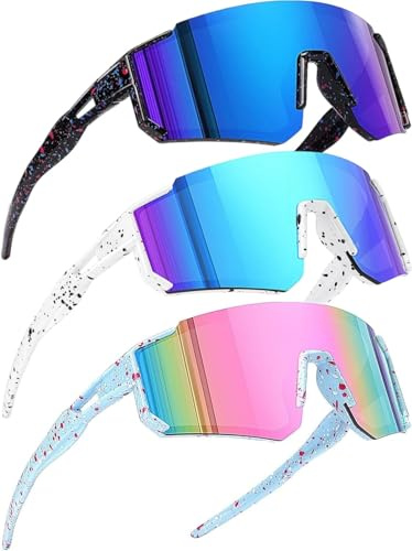Lot de 3 Lunettes de Soleil Enfant Sport, Lunette Velo UV400 Pour Garçons et Filles, Lunette de Vitesse Ultra-Légères pour Cyclisme, Course à Pied, VTT et Activités de Plein Air (Bleu+Blanc+Rose)