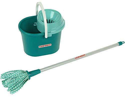 Theo Klein Leifheit Wischmop-Set, 3-teilig I Inkl. Flachwischer mit abnehmbarem Wischaufsatz I Eimer mit Auswringhilfe I Maße: 14 cm x 50 cm x 14 cm I Spielzeug für Kinder ab 3 Jahren