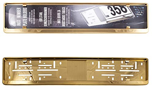 2 x premium bilregistreringsskylthållare 100 % rostfritt stål GULD för TYSKLAND och EU (tecken på storlek 520 mm x 110 mm) nummerskylthållare INOX rostfritt stål V2A