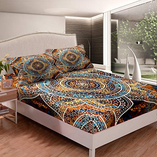 Loussiesd Mandala Drucken Spannbetttuch 140x200cm 2 Stück Boho Bohemian Blumen Spannbettlaken Indische Exotik Bettlaken Set mit 1 Kissenbezug Komfortable Polyester Mandala Muster