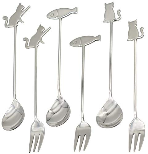 Maydahui 6 PCS Cat Fish Spoon and Fork Cute Coffee Animal Spork 5.8 inch 18/10（304）Stainless Steel Teaspoon Dessert Drink Sugar Spoons Fruit Forks Tableware