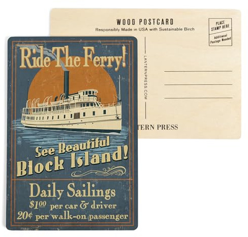 Block Island, Rhode Island, Ferry Ride Vintage Sign (4x6 Birch Wood Postcards, 2-Pack Stationary, Rustic Home Wall Decor)