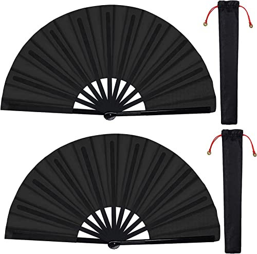baotongle 2 Stück Große Faltbare Seide Hand Fächer Chinesischer Tai Chi Faltender Handfächer Nylon Tuch Chinesischer Kung Fu Fan mit Halter Ärmel für Performance Tanz Dekorationen Festival (Schwarz)