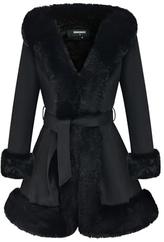 GRAN ORIENTE Black Suede Jacket for Women with Faux Fur Collar,Long Sleeve Warm Winter Parka Coat with Belt Outerwear(056 Black M)
